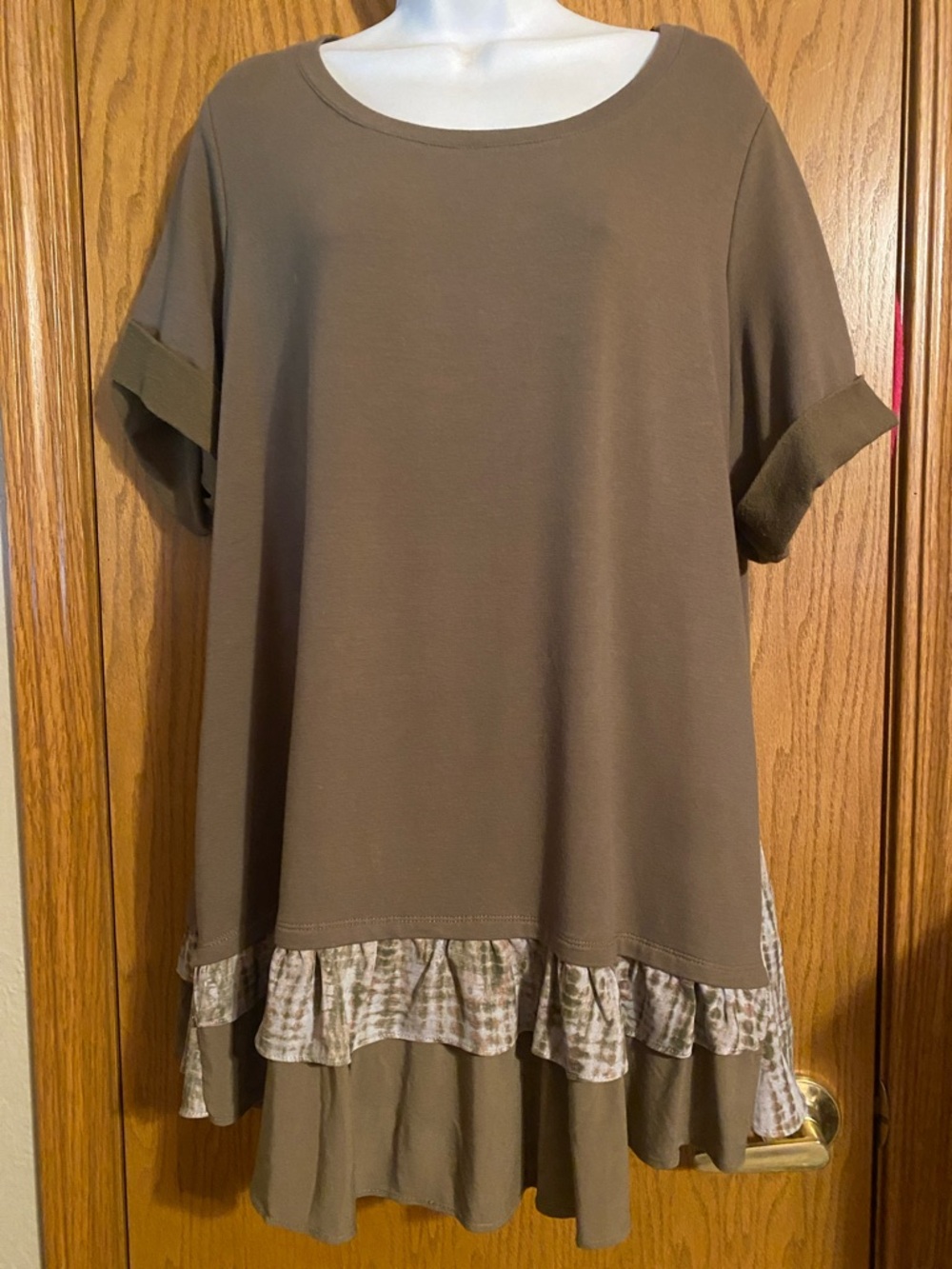 LOGO by Lori Goldstein Taupe Short-Sleeve Tunic with Ruffle Hem